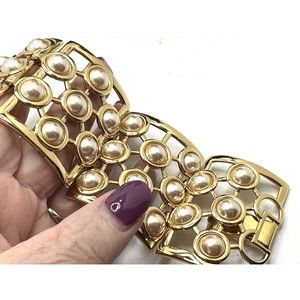 VtgNOS Napier Wide Bracelet Gold Plated Panel Link Faux Split Pearl 70s STUNNING